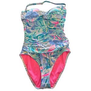 Lilly Pulitzer Womens Starfish Floral Ruched One Piece Swimsuit Blue Pink Size 6